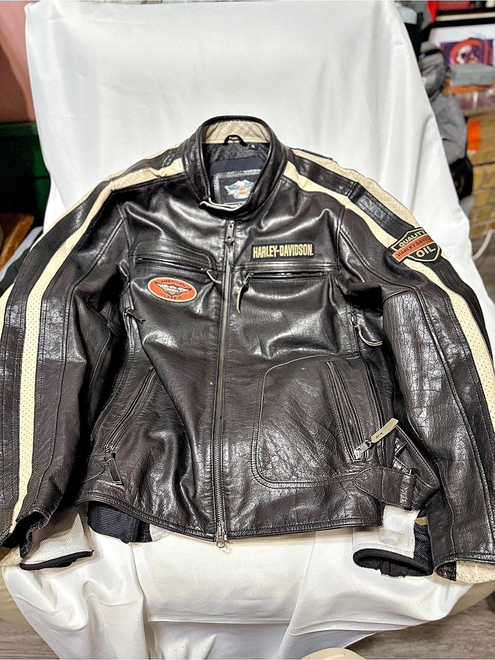 Harley-Davidson Color Block Motorcycle Jacket Black & Cream XL